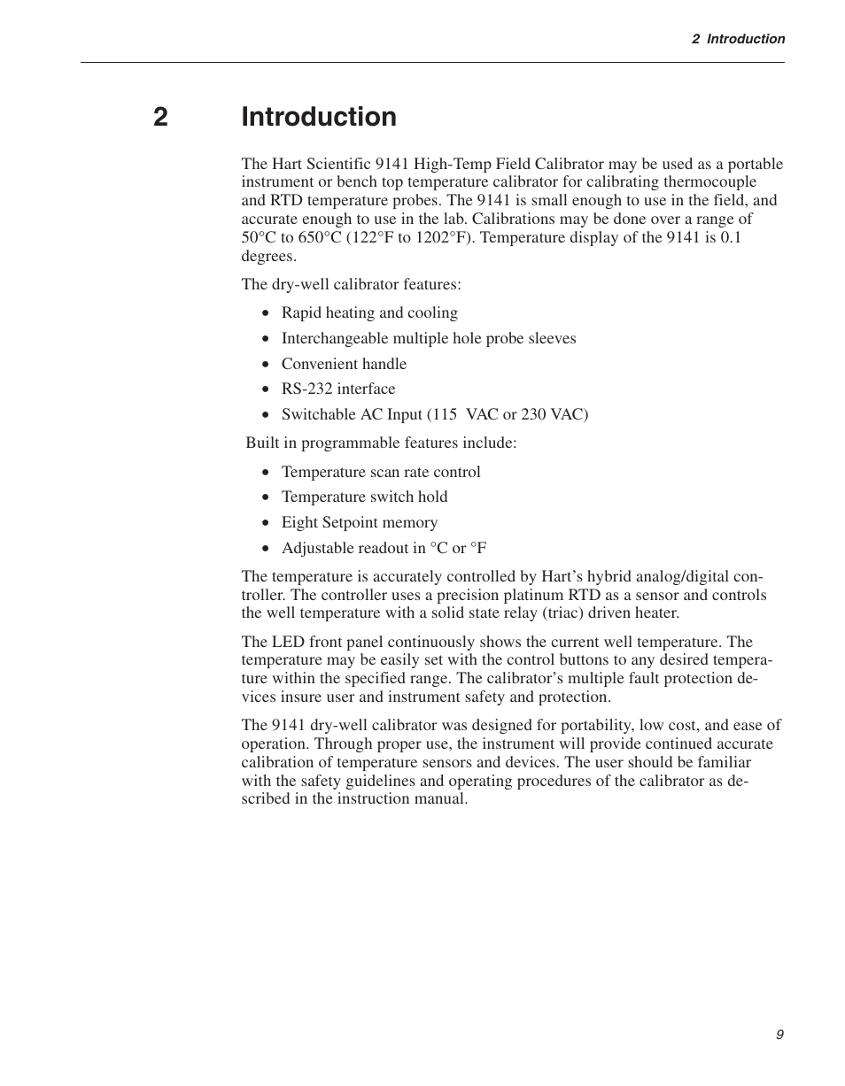 2 introduction 9, Introduction, 2introduction | ThermoWorks 9141 HART SCIENTIFIC FIELD DRY-WELL TEMPERATURE CALIBRATORS User Manual | Page 14 / 50