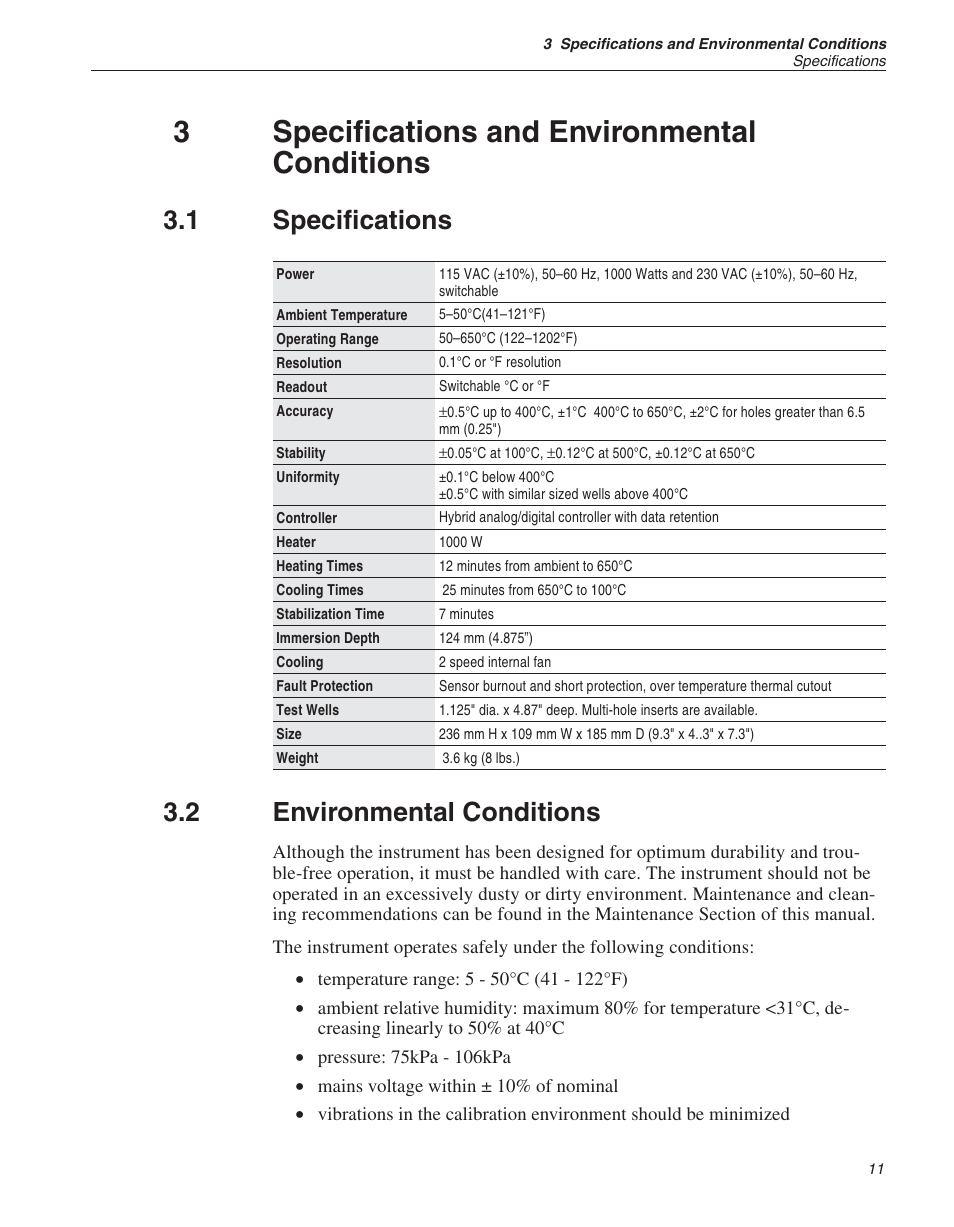 3 specifications and environmental conditions 11, 1 specifications 11, 2 environmental conditions 11 | Specifications and environmental conditions, Specifications, Environmental conditions, 3specifications and environmental conditions, 1 specifications, 2 environmental conditions | ThermoWorks 9141 HART SCIENTIFIC FIELD DRY-WELL TEMPERATURE CALIBRATORS User Manual | Page 15 / 50