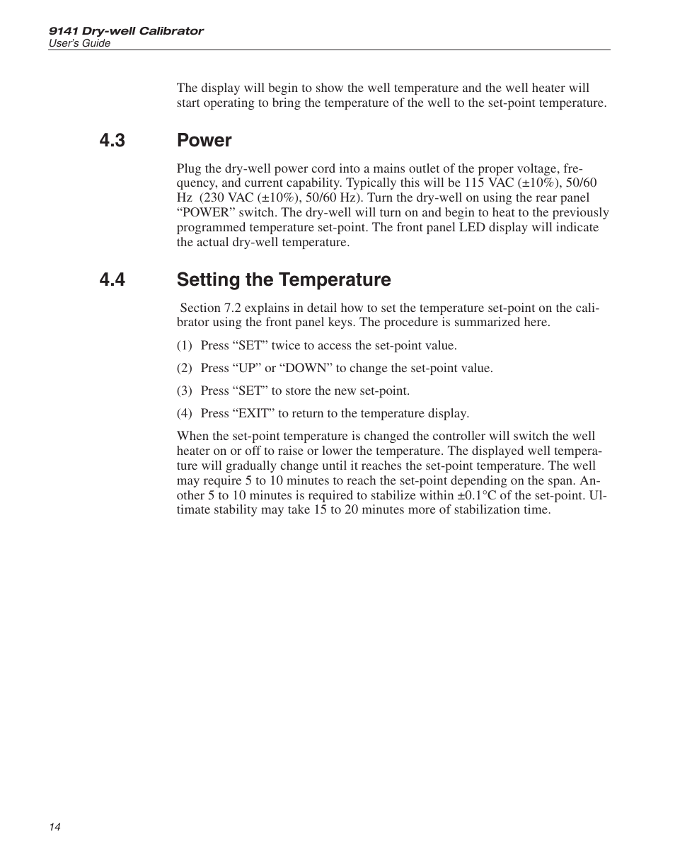 3 power 14, 4 setting the temperature 14, Power | Setting the temperature, 3 power, 4 setting the temperature | ThermoWorks 9141 HART SCIENTIFIC FIELD DRY-WELL TEMPERATURE CALIBRATORS User Manual | Page 18 / 50