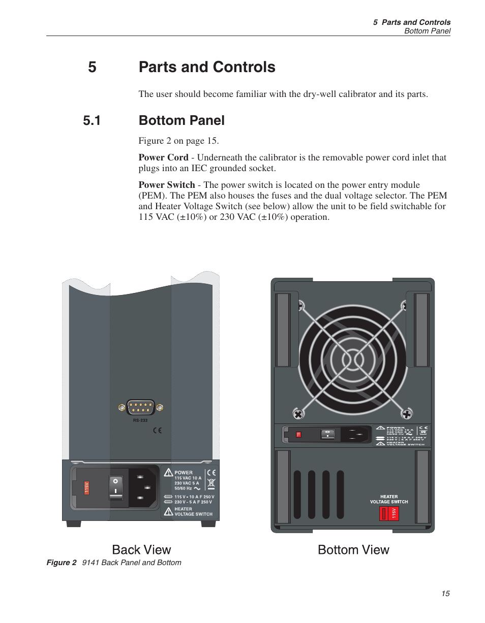 5 parts and controls 15, 1 bottom panel 15, Figure 2 9141 back panel and bottom 15 | Parts and controls, Bottom panel, Figure 2, 9141 back panel and bottom, 5parts and controls, 1 bottom panel | ThermoWorks 9141 HART SCIENTIFIC FIELD DRY-WELL TEMPERATURE CALIBRATORS User Manual | Page 19 / 50