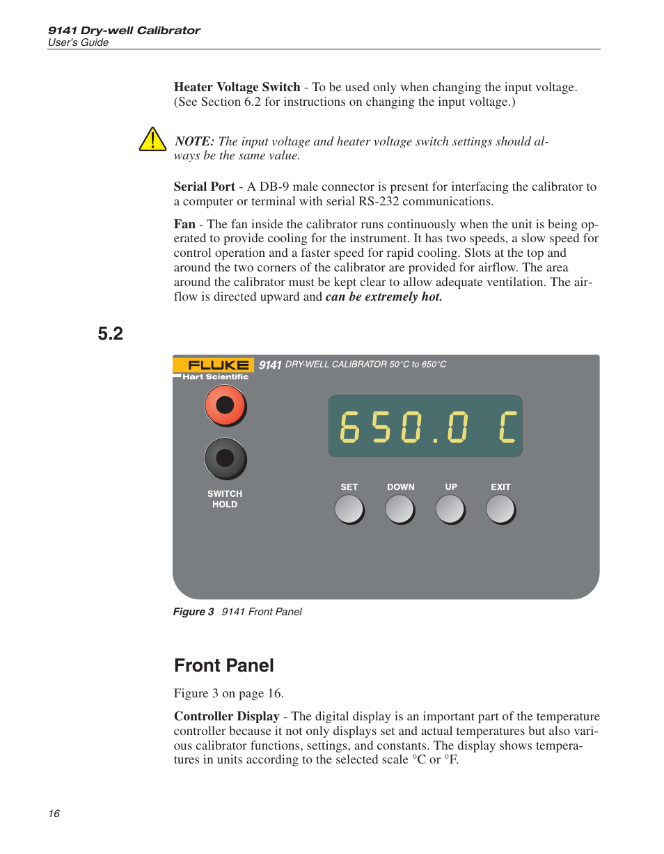 2 front panel 16, Figure 3 9141 front panel 16, Front panel | Figure 3, 9141 front panel, 2 front panel | ThermoWorks 9141 HART SCIENTIFIC FIELD DRY-WELL TEMPERATURE CALIBRATORS User Manual | Page 20 / 50