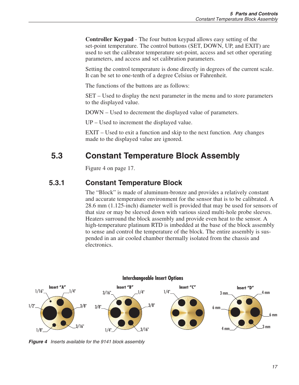 3 constant temperature block assembly 17, 1 constant temperature block 17, Constant temperature block assembly | Constant temperature block, Figure 4, Inserts available for the 9141 block assembly, 3 constant temperature block assembly, 1 constant temperature block | ThermoWorks 9141 HART SCIENTIFIC FIELD DRY-WELL TEMPERATURE CALIBRATORS User Manual | Page 21 / 50