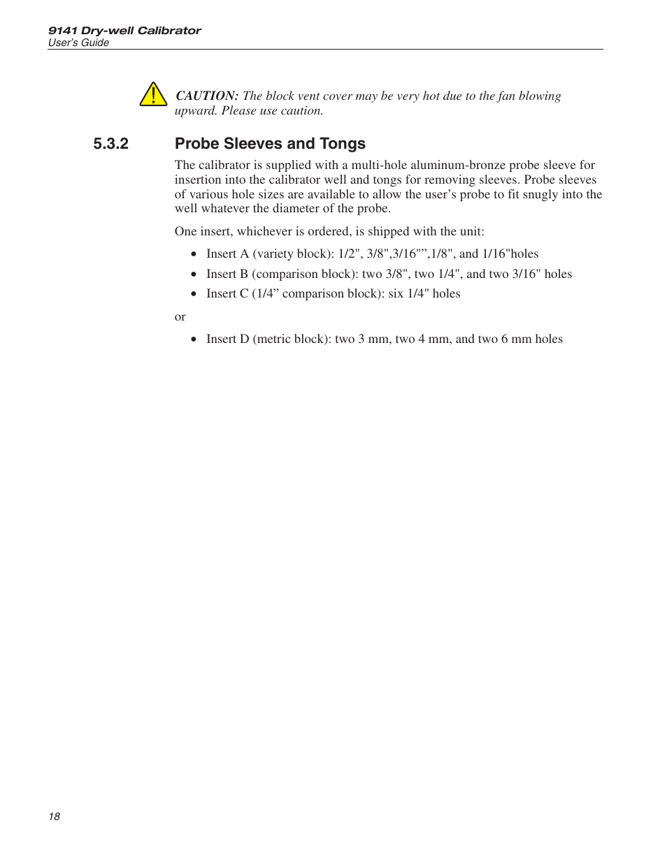 2 probe sleeves and tongs 18, Probe sleeves and tongs, 2 probe sleeves and tongs | ThermoWorks 9141 HART SCIENTIFIC FIELD DRY-WELL TEMPERATURE CALIBRATORS User Manual | Page 22 / 50