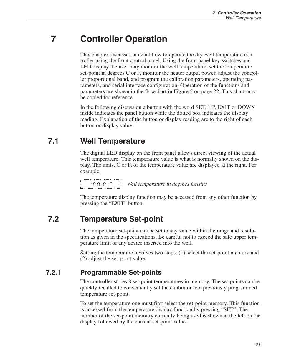 7 controller operation 21, 1 well temperature 21, 2 temperature set-point 21 | 1 programmable set-points 21, Controller operation, Well temperature, Temperature set-point, Programmable set-points, 7controller operation, 1 well temperature | ThermoWorks 9141 HART SCIENTIFIC FIELD DRY-WELL TEMPERATURE CALIBRATORS User Manual | Page 24 / 50