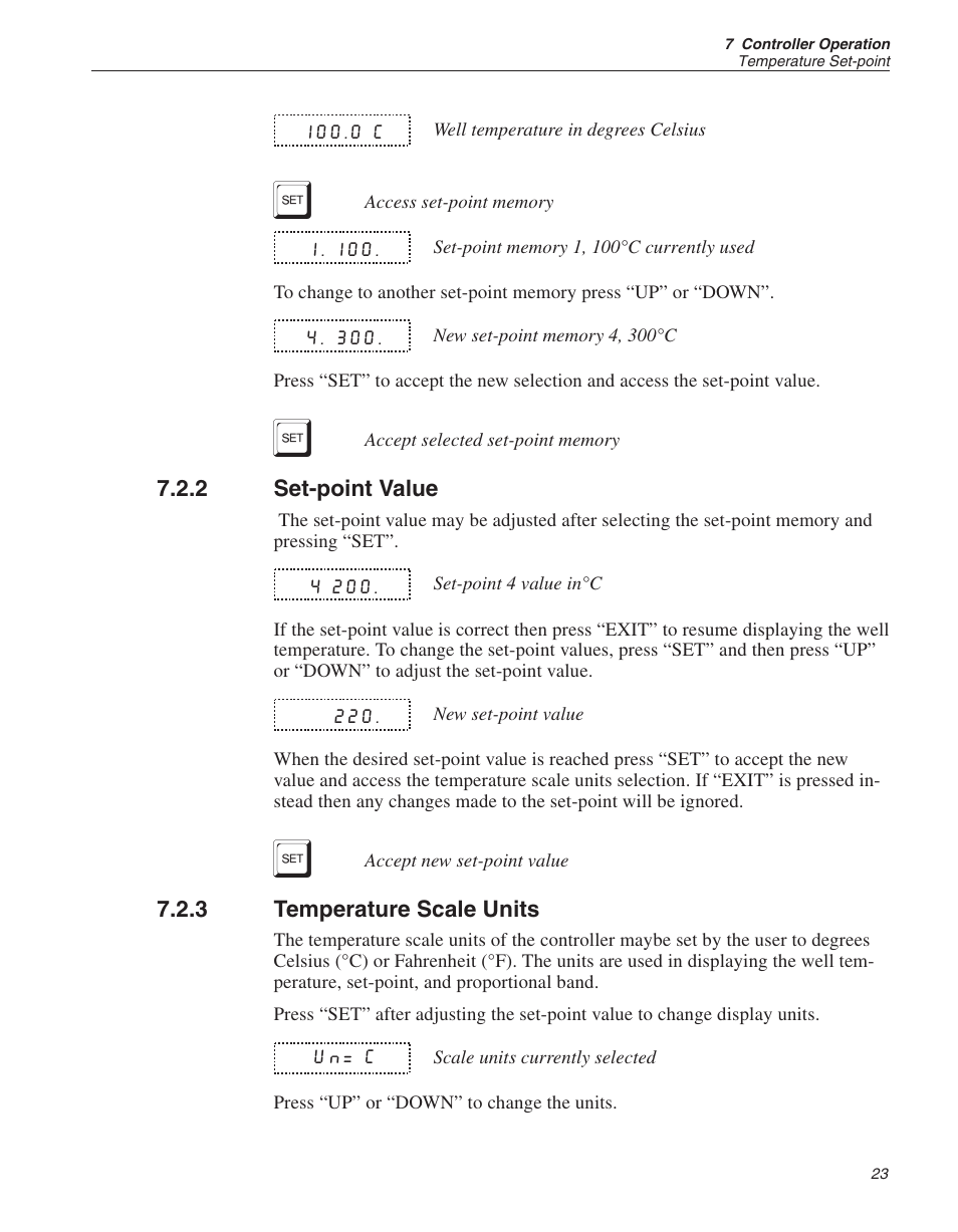 2 set-point value 23, 3 temperature scale units 23, Set-point value | Temperature scale units | ThermoWorks 9141 HART SCIENTIFIC FIELD DRY-WELL TEMPERATURE CALIBRATORS User Manual | Page 26 / 50