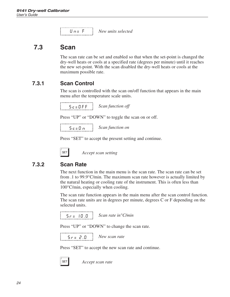 3 scan 24, 1 scan control 24, 2 scan rate 24 | Scan, Scan control, Scan rate, 3 scan | ThermoWorks 9141 HART SCIENTIFIC FIELD DRY-WELL TEMPERATURE CALIBRATORS User Manual | Page 27 / 50