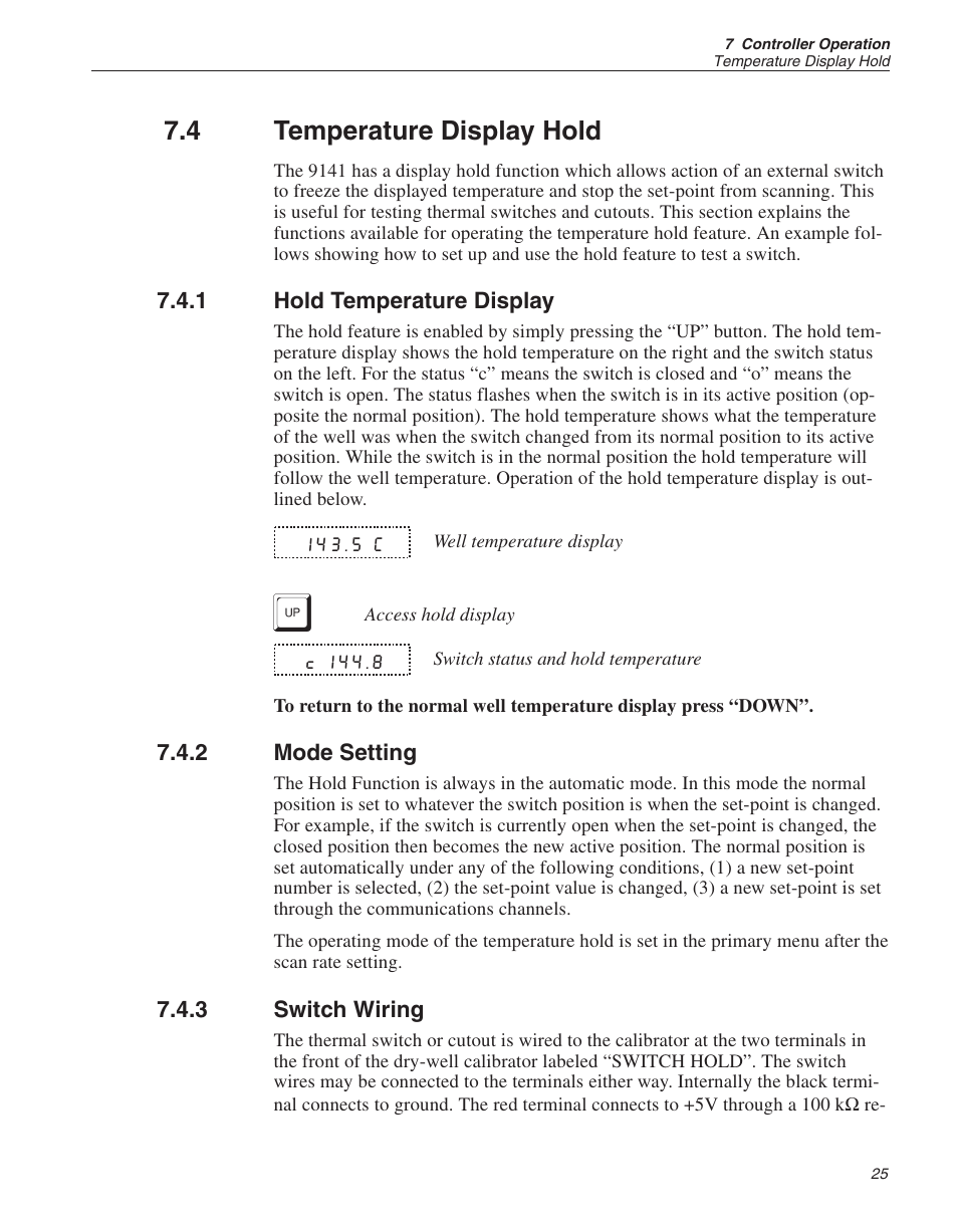 4 temperature display hold 25, 1 hold temperature display 25, 2 mode setting 25 | 3 switch wiring 25, Temperature display hold, Hold temperature display, Mode setting, Switch wiring, 4 temperature display hold | ThermoWorks 9141 HART SCIENTIFIC FIELD DRY-WELL TEMPERATURE CALIBRATORS User Manual | Page 28 / 50