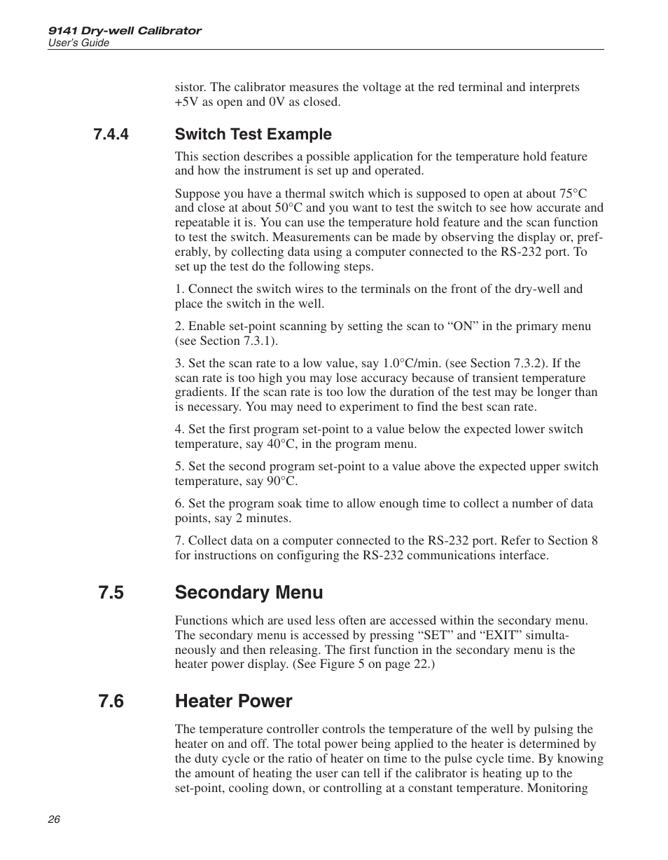 4 switch test example 26, 5 secondary menu 26, 6 heater power 26 | Switch test example, Secondary menu, Heater power, 5 secondary menu, 6 heater power | ThermoWorks 9141 HART SCIENTIFIC FIELD DRY-WELL TEMPERATURE CALIBRATORS User Manual | Page 29 / 50
