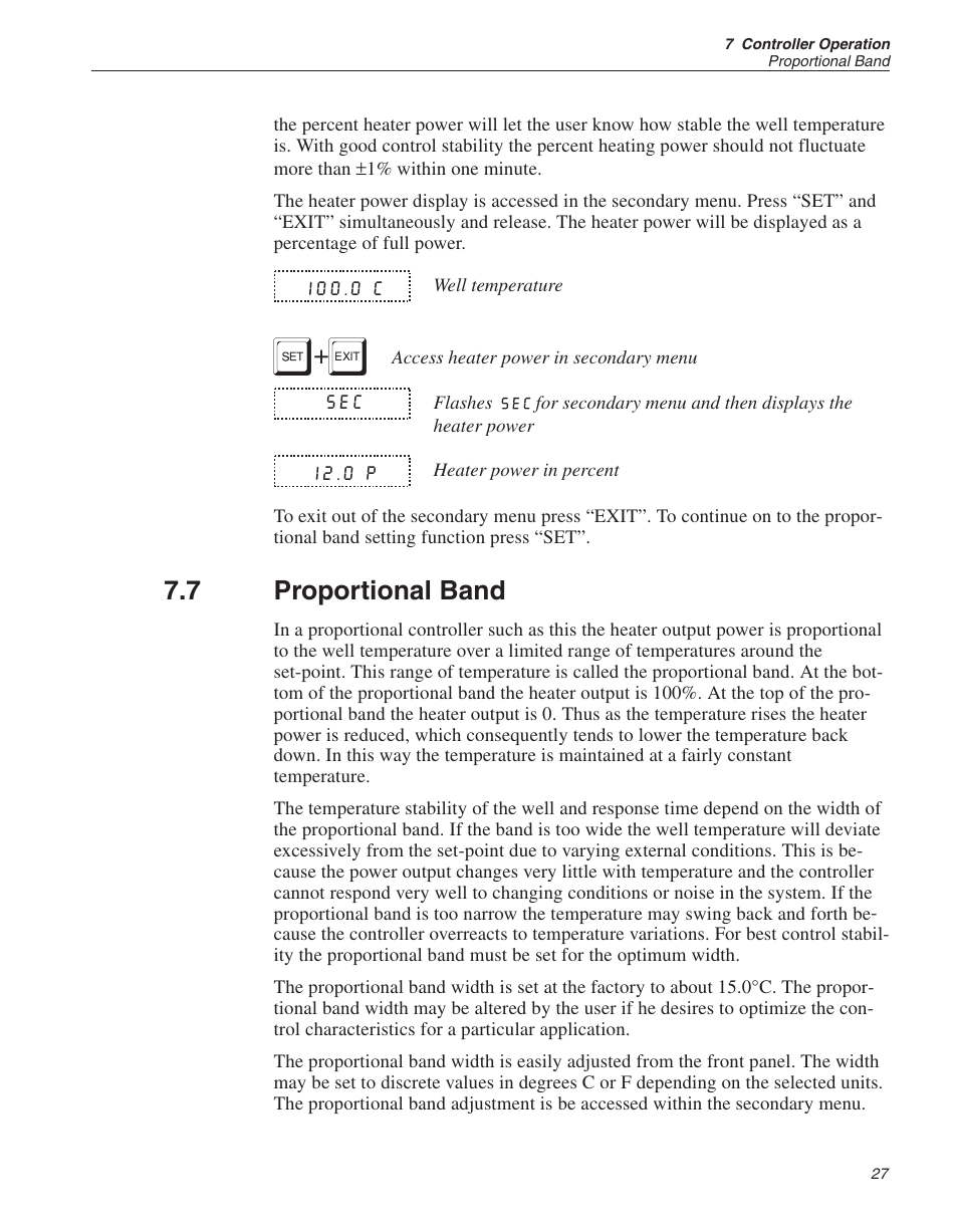 7 proportional band 27, Proportional band, 7 proportional band | ThermoWorks 9141 HART SCIENTIFIC FIELD DRY-WELL TEMPERATURE CALIBRATORS User Manual | Page 30 / 50