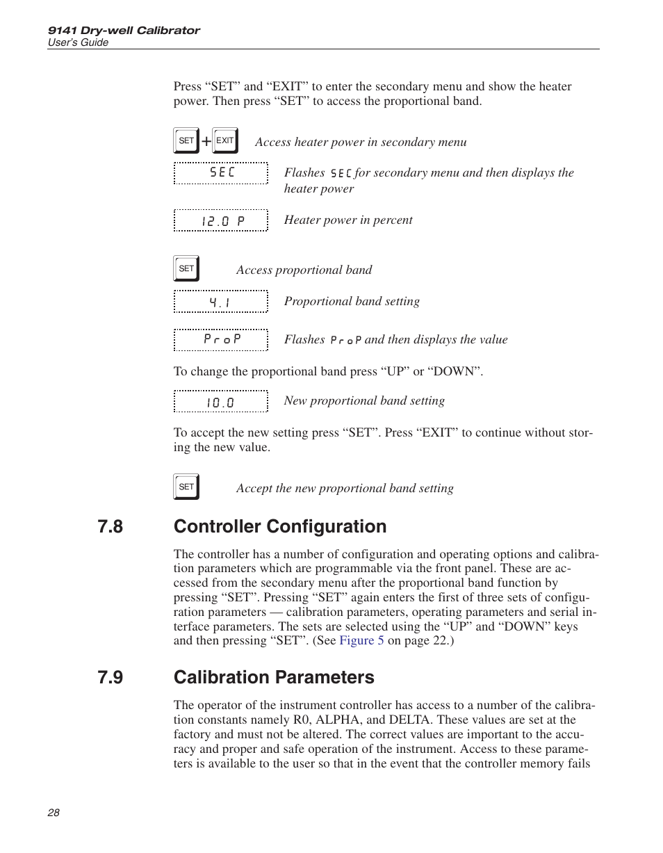 8 controller configuration 28, 9 calibration parameters 28, Controller configuration | Calibration parameters | ThermoWorks 9141 HART SCIENTIFIC FIELD DRY-WELL TEMPERATURE CALIBRATORS User Manual | Page 31 / 50