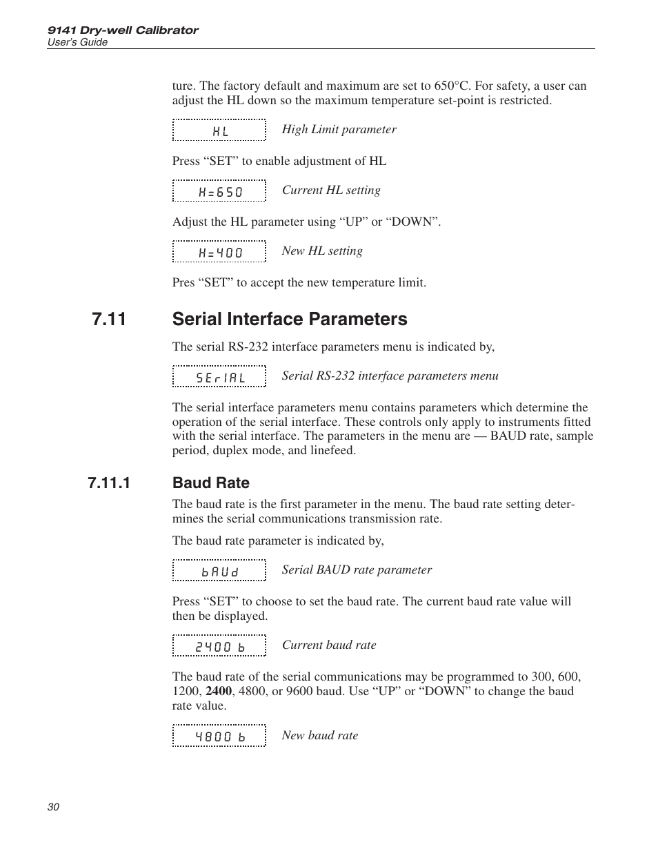 11 serial interface parameters 30, 1 baud rate 30, Serial interface parameters | Baud rate, 11 serial interface parameters | ThermoWorks 9141 HART SCIENTIFIC FIELD DRY-WELL TEMPERATURE CALIBRATORS User Manual | Page 33 / 50