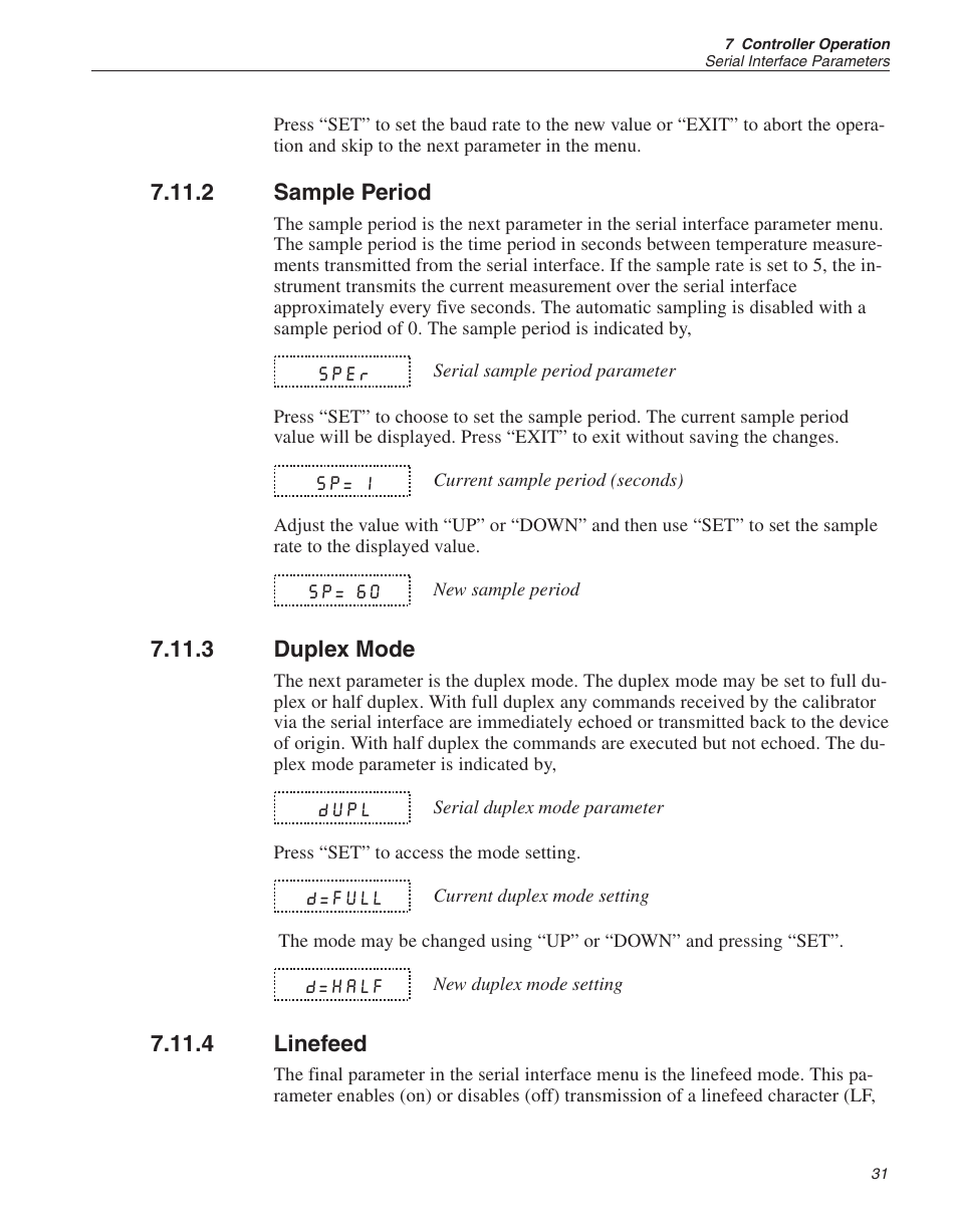 2 sample period 31, 3 duplex mode 31, 4 linefeed 31 | Sample period, Duplex mode, Linefeed | ThermoWorks 9141 HART SCIENTIFIC FIELD DRY-WELL TEMPERATURE CALIBRATORS User Manual | Page 34 / 50