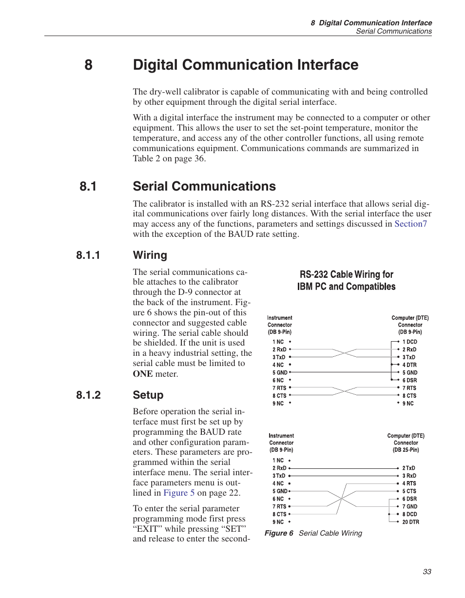 8 digital communication interface 33, 1 serial communications 33, 1 wiring 33 | 2 setup 33, Figure 6 serial cable wiring 33, Digital communication interface, Serial communications, Wiring, Setup, Figure 6 | ThermoWorks 9141 HART SCIENTIFIC FIELD DRY-WELL TEMPERATURE CALIBRATORS User Manual | Page 36 / 50