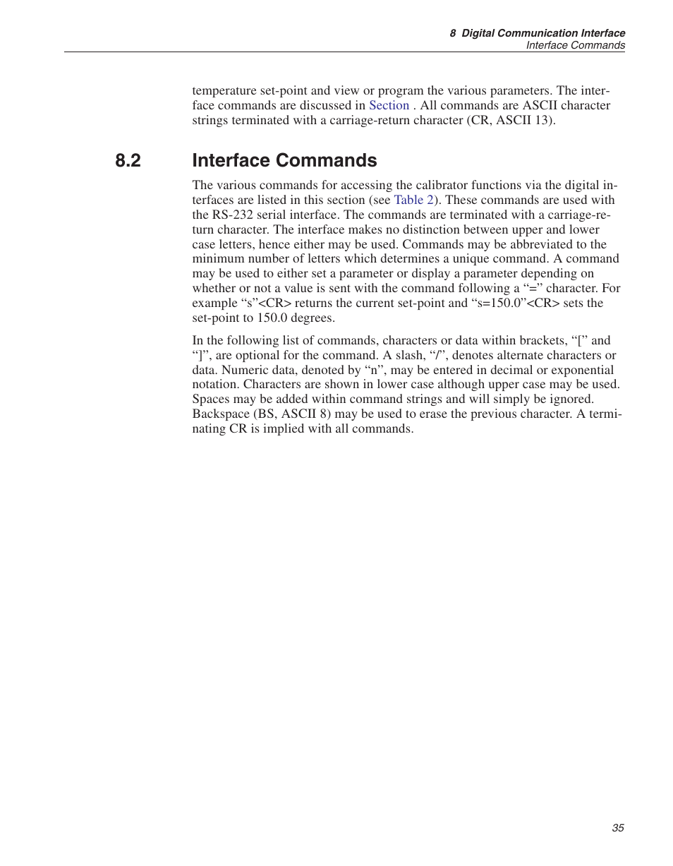 2 interface commands 35, Interface commands, 2 interface commands | ThermoWorks 9141 HART SCIENTIFIC FIELD DRY-WELL TEMPERATURE CALIBRATORS User Manual | Page 38 / 50