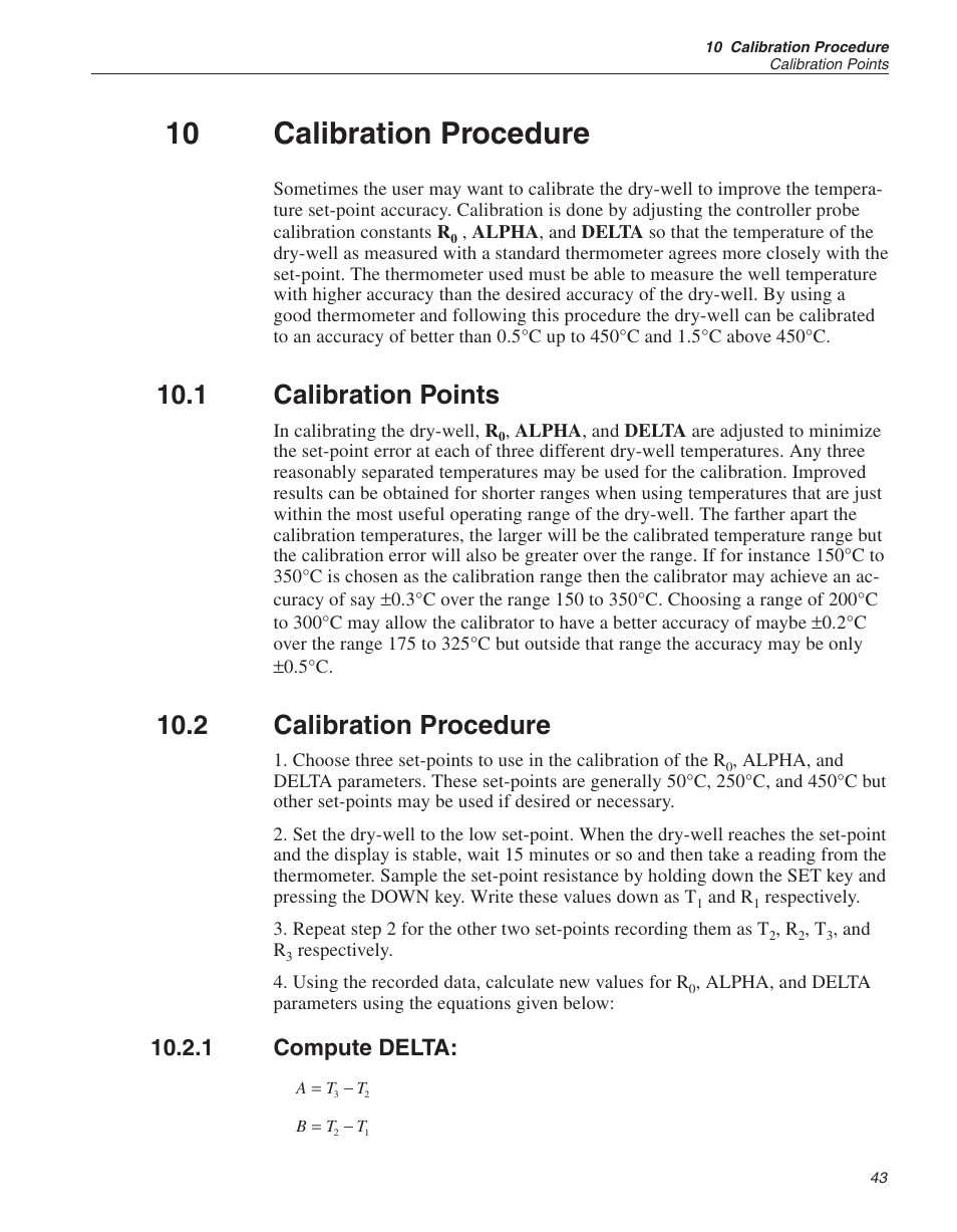 10 calibration procedure 43, 1 calibration points 43, 2 calibration procedure 43 | 1 compute delta: 43, 10 calibration procedure, Calibration points, Calibration procedure, Compute delta, 1 calibration points, 2 calibration procedure | ThermoWorks 9141 HART SCIENTIFIC FIELD DRY-WELL TEMPERATURE CALIBRATORS User Manual | Page 44 / 50