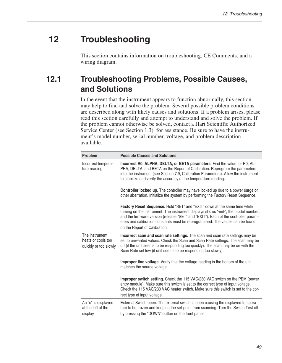 12 troubleshooting 49, 12 troubleshooting | ThermoWorks 9141 HART SCIENTIFIC FIELD DRY-WELL TEMPERATURE CALIBRATORS User Manual | Page 48 / 50