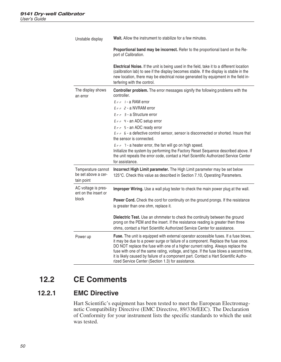 2 ce comments 50, 1 emc directive 50, Ce comments | Emc directive, 2 ce comments, 1 emc directive | ThermoWorks 9141 HART SCIENTIFIC FIELD DRY-WELL TEMPERATURE CALIBRATORS User Manual | Page 49 / 50