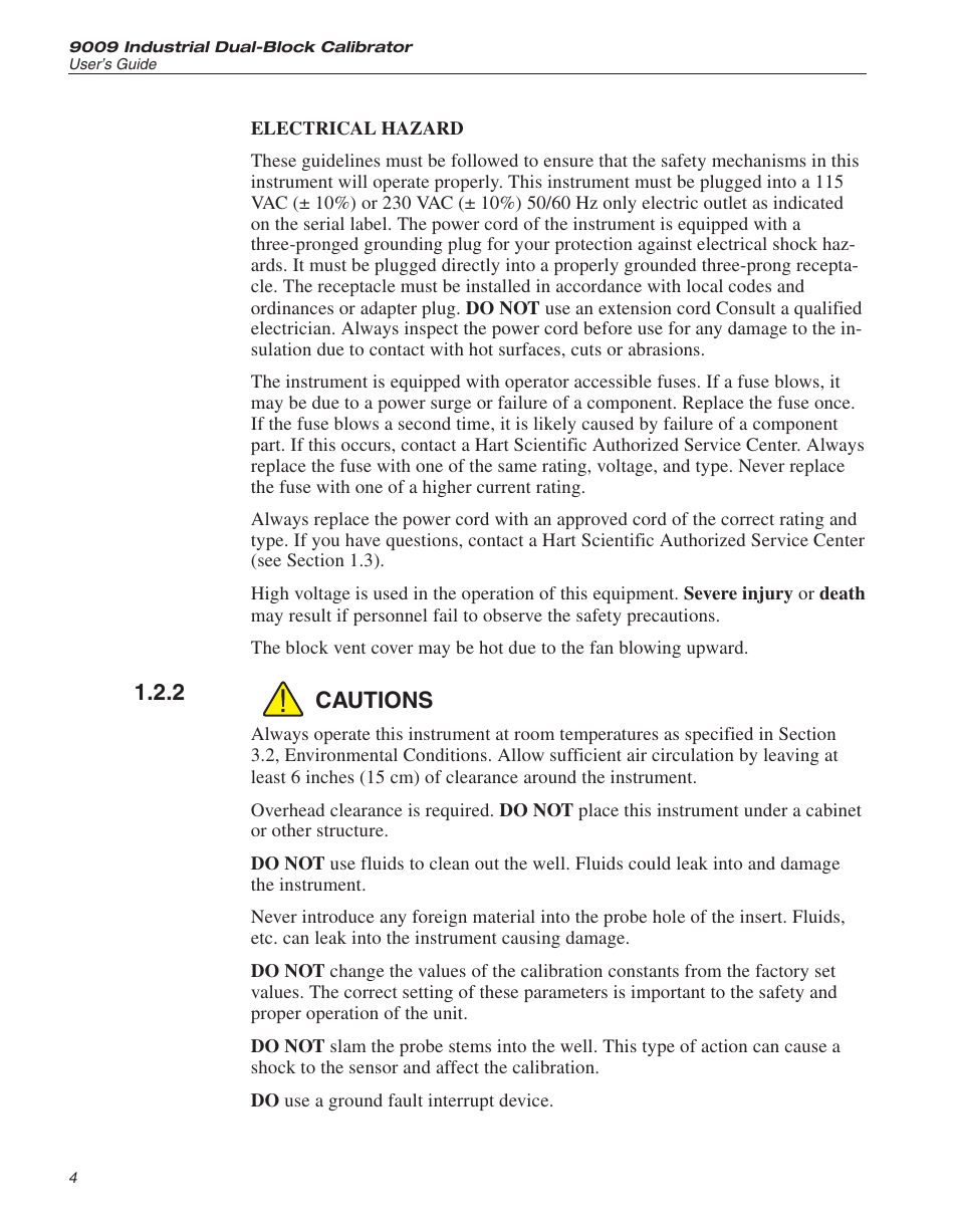 2 cautions 4, Cautions, 2 cautions | ThermoWorks 9009-B INDUSTRIAL DUAL-BLOCK CALIBRATOR User Manual | Page 11 / 45
