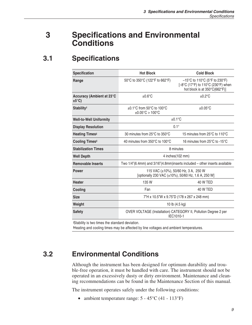 3 specifications and environmental conditions 9, 1 specifications 9, 2 environmental conditions 9 | Specifications and environmental conditions, Specifications, Environmental conditions, 3specifications and environmental conditions, 1 specifications, 2 environmental conditions | ThermoWorks 9009-B INDUSTRIAL DUAL-BLOCK CALIBRATOR User Manual | Page 15 / 45