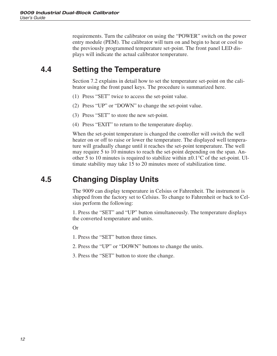 4 setting the temperature 12, 5 changing display units 12, Setting the temperature | Changing display units, 4 setting the temperature, 5 changing display units | ThermoWorks 9009-B INDUSTRIAL DUAL-BLOCK CALIBRATOR User Manual | Page 18 / 45