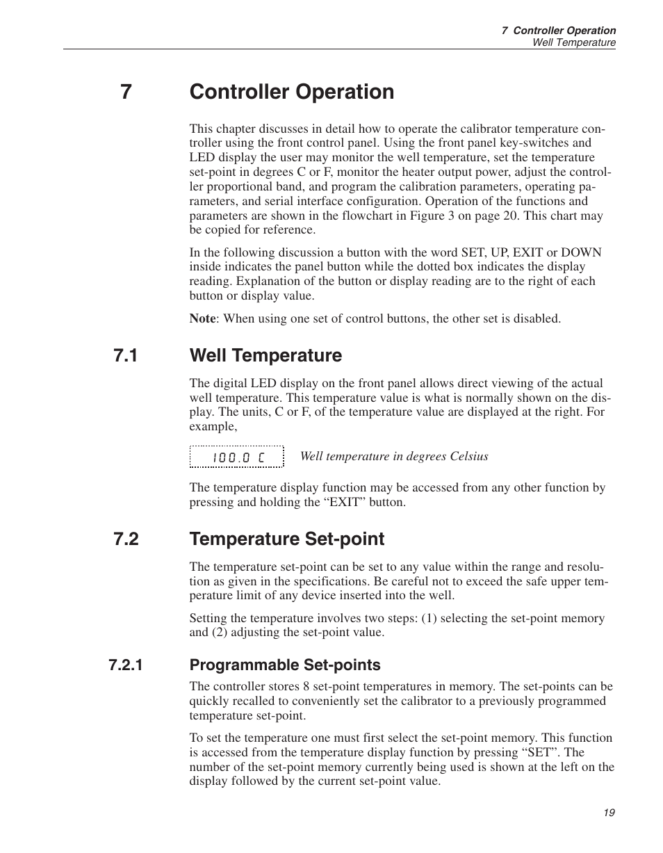 7 controller operation 19, 1 well temperature 19, 2 temperature set-point 19 | 1 programmable set-points 19, Controller operation, Well temperature, Temperature set-point, Programmable set-points, 7controller operation, 1 well temperature | ThermoWorks 9009-B INDUSTRIAL DUAL-BLOCK CALIBRATOR User Manual | Page 23 / 45