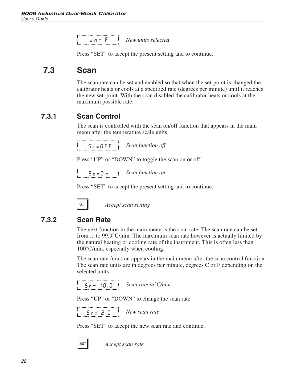 3 scan 22, 1 scan control 22, 2 scan rate 22 | Scan, Scan control, Scan rate, 3 scan | ThermoWorks 9009-B INDUSTRIAL DUAL-BLOCK CALIBRATOR User Manual | Page 26 / 45