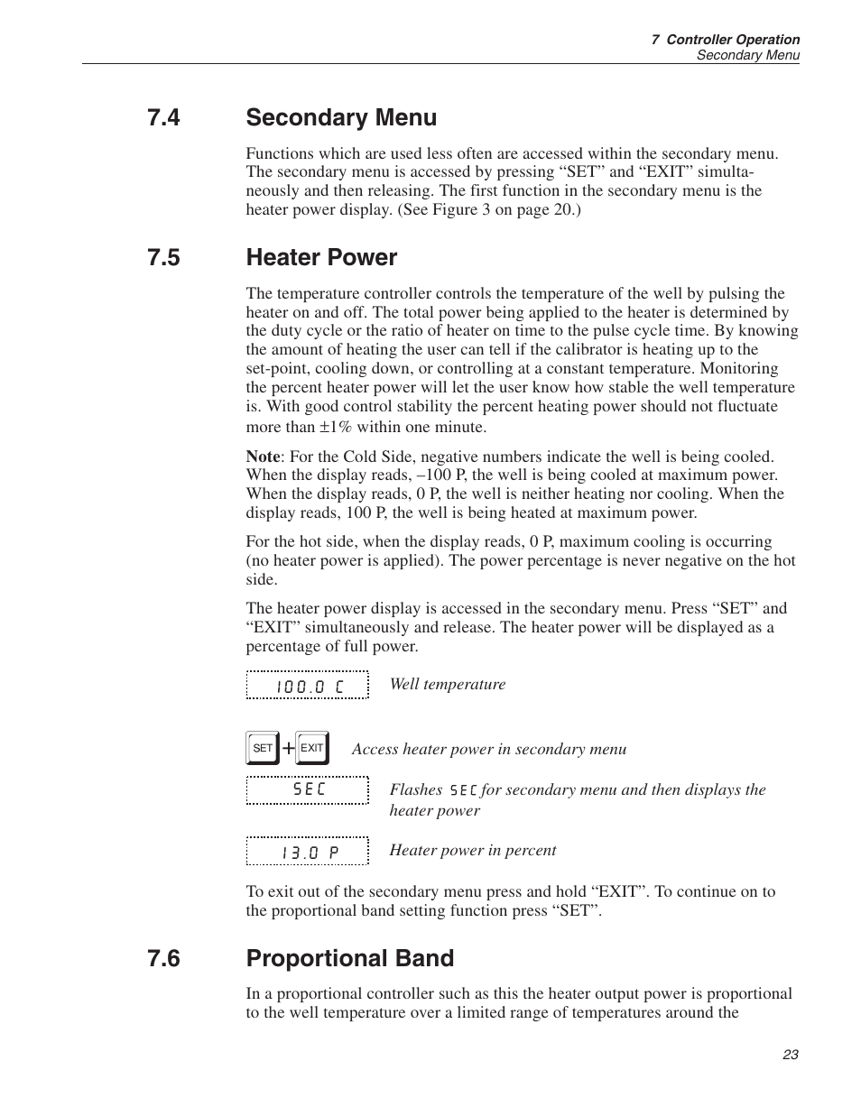 4 secondary menu 23, 5 heater power 23, 6 proportional band 23 | Secondary menu, Heater power, Proportional band, 4 secondary menu, 5 heater power, 6 proportional band | ThermoWorks 9009-B INDUSTRIAL DUAL-BLOCK CALIBRATOR User Manual | Page 27 / 45