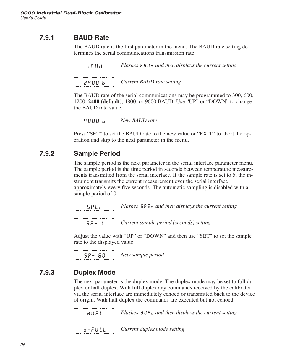 1 baud rate 26, 2 sample period 26, 3 duplex mode 26 | Baud rate, Sample period, Duplex mode | ThermoWorks 9009-B INDUSTRIAL DUAL-BLOCK CALIBRATOR User Manual | Page 30 / 45