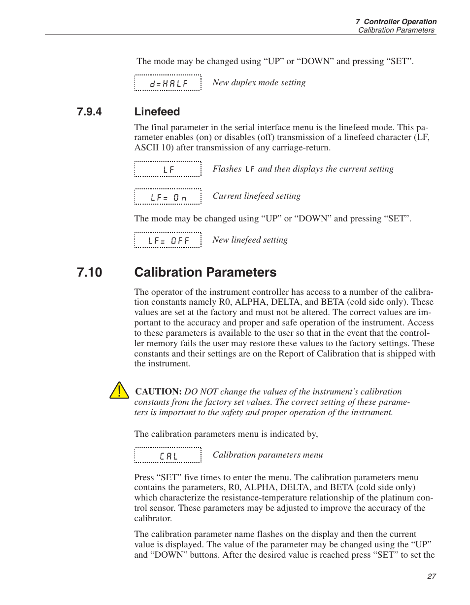 4 linefeed 27, 10 calibration parameters 27, Linefeed | Calibration parameters, 10 calibration parameters | ThermoWorks 9009-B INDUSTRIAL DUAL-BLOCK CALIBRATOR User Manual | Page 31 / 45