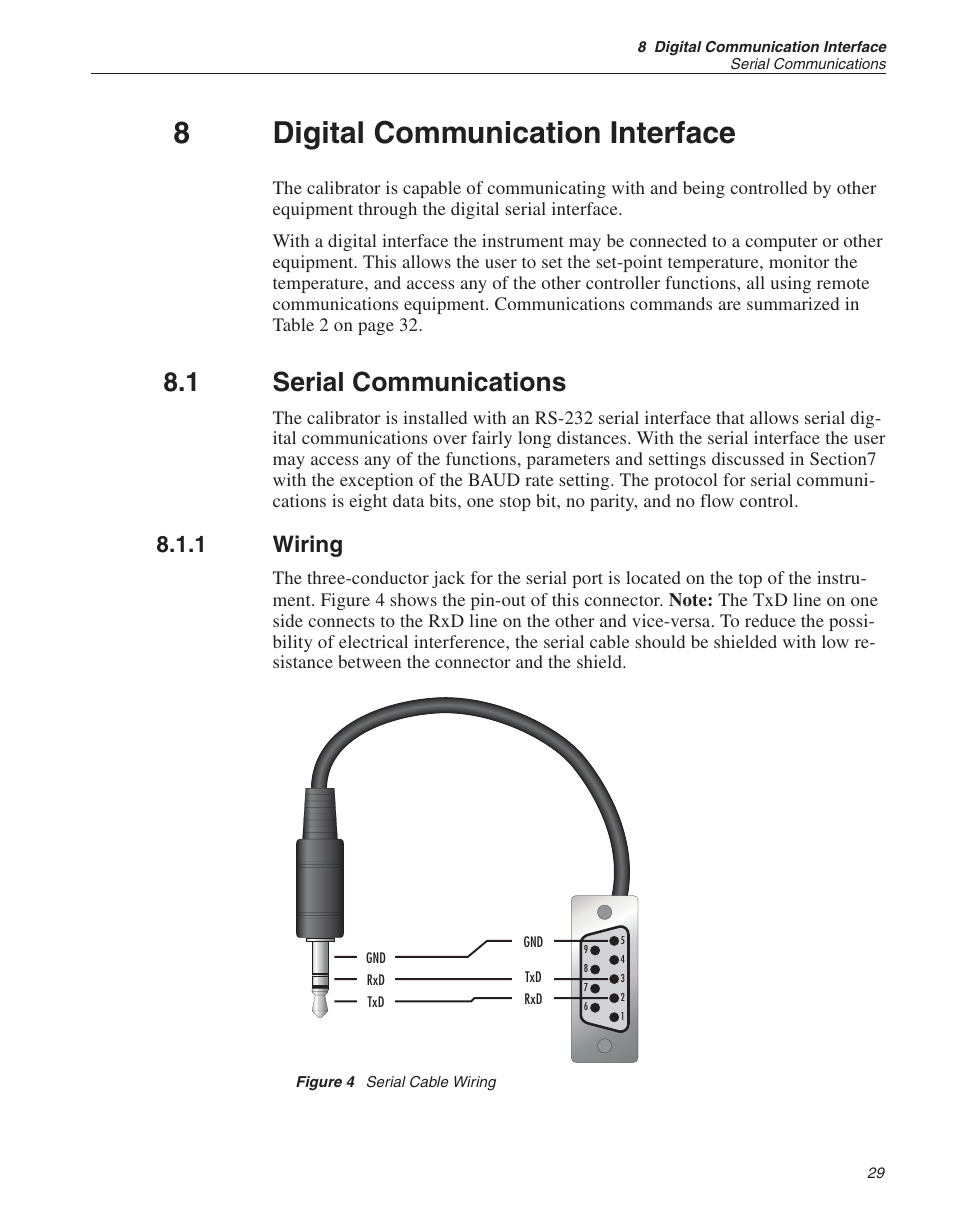 8 digital communication interface 29, 1 serial communications 29, 1 wiring 29 | Figure 4 serial cable wiring 29, Digital communication interface, Serial communications, Wiring, Figure 4, Serial cable wiring, 8digital communication interface | ThermoWorks 9009-B INDUSTRIAL DUAL-BLOCK CALIBRATOR User Manual | Page 33 / 45