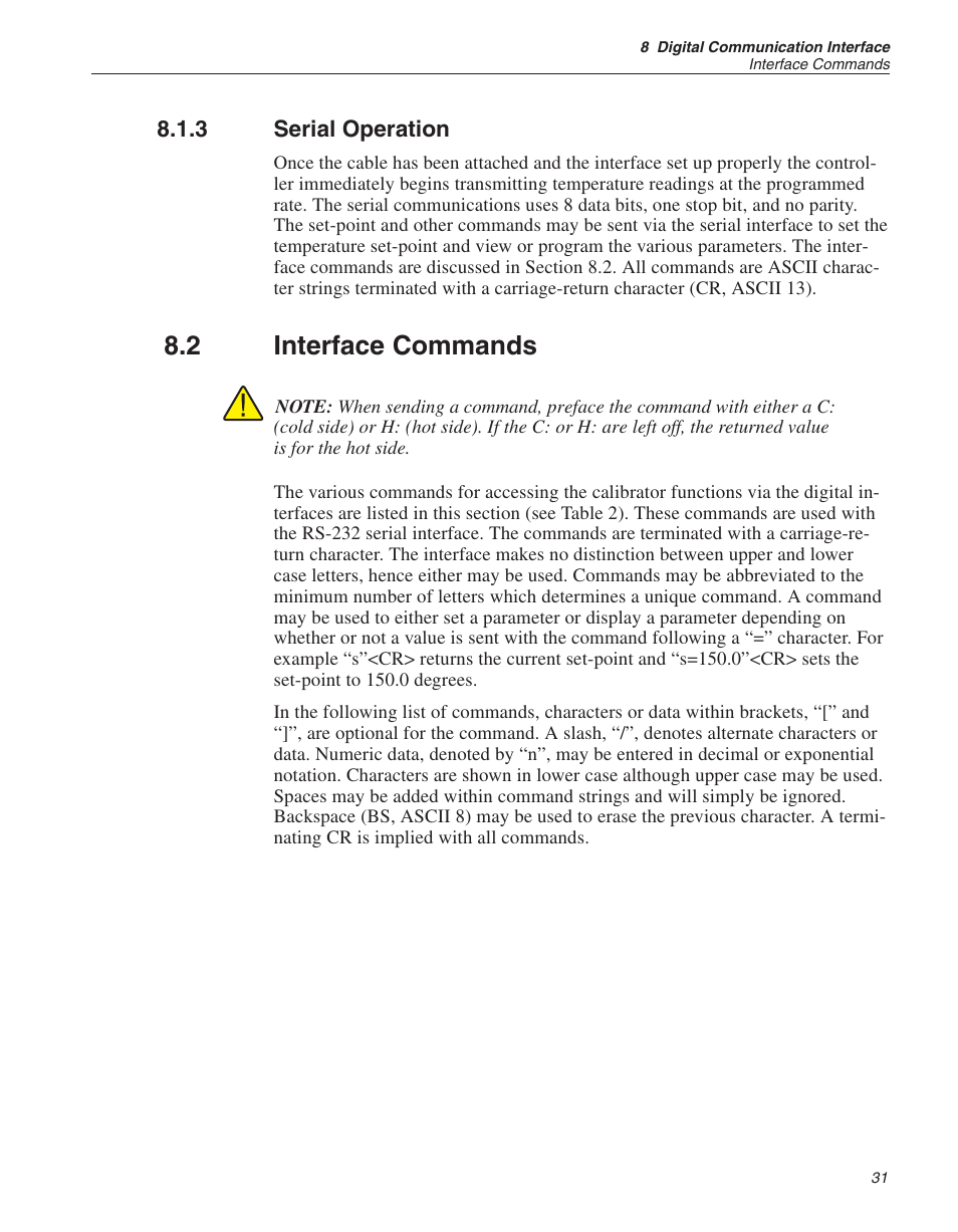 3 serial operation 31, 2 interface commands 31, Serial operation | Interface commands, 2 interface commands | ThermoWorks 9009-B INDUSTRIAL DUAL-BLOCK CALIBRATOR User Manual | Page 35 / 45