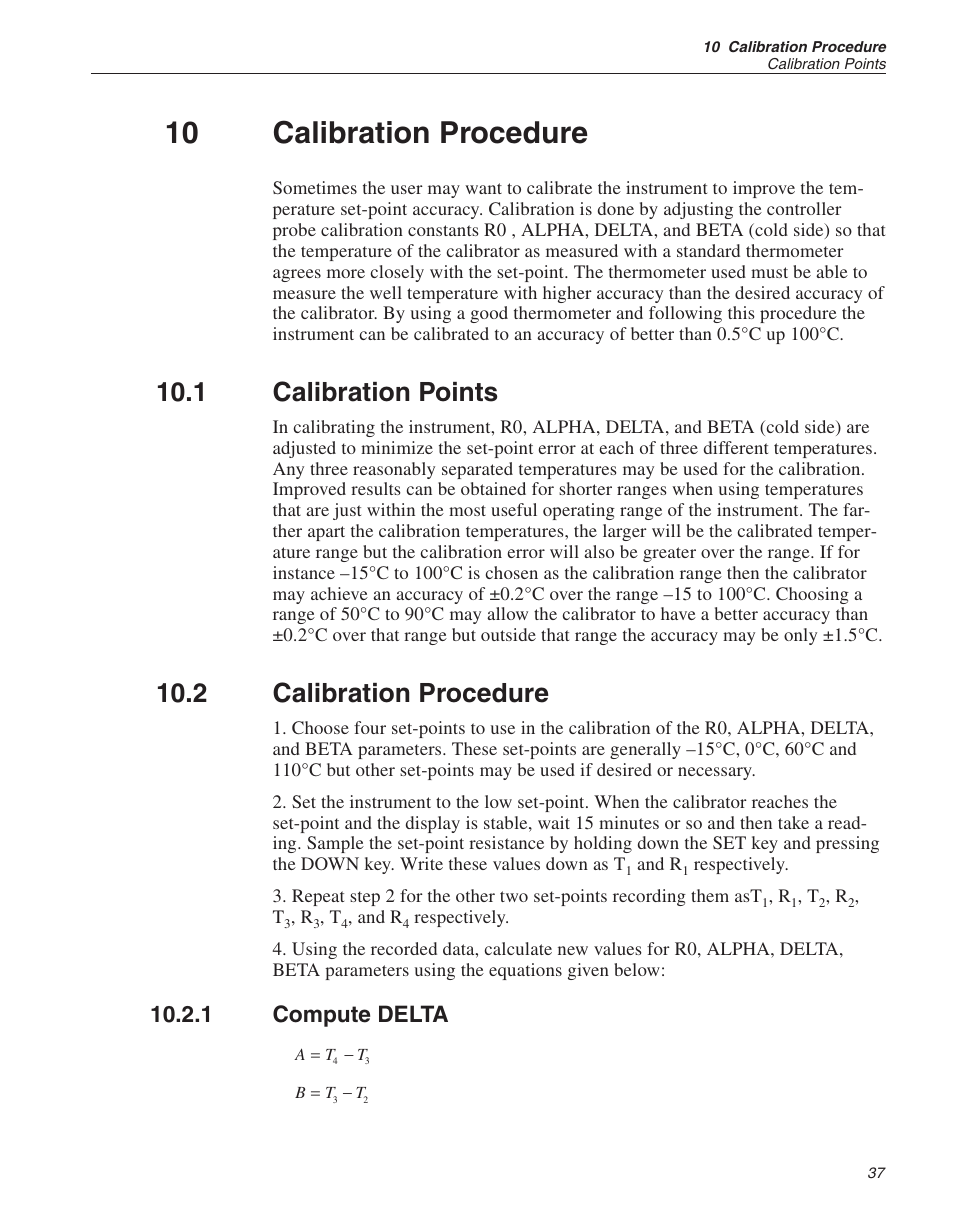 10 calibration procedure 37, 1 calibration points 37, 2 calibration procedure 37 | 1 compute delta 37, 10 calibration procedure, Calibration points, Calibration procedure, Compute delta, 1 calibration points, 2 calibration procedure | ThermoWorks 9009-B INDUSTRIAL DUAL-BLOCK CALIBRATOR User Manual | Page 40 / 45