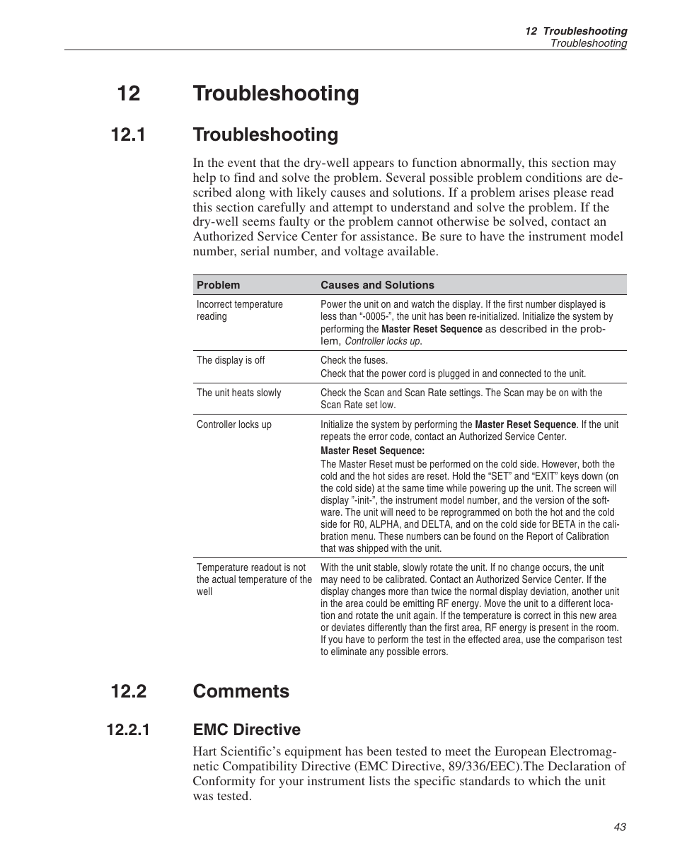 12 troubleshooting 43, 1 troubleshooting 43, 2 comments 43 | 1 emc directive 43, 12 troubleshooting, Troubleshooting, Comments, Emc directive, 1 troubleshooting, 2 comments | ThermoWorks 9009-B INDUSTRIAL DUAL-BLOCK CALIBRATOR User Manual | Page 44 / 45