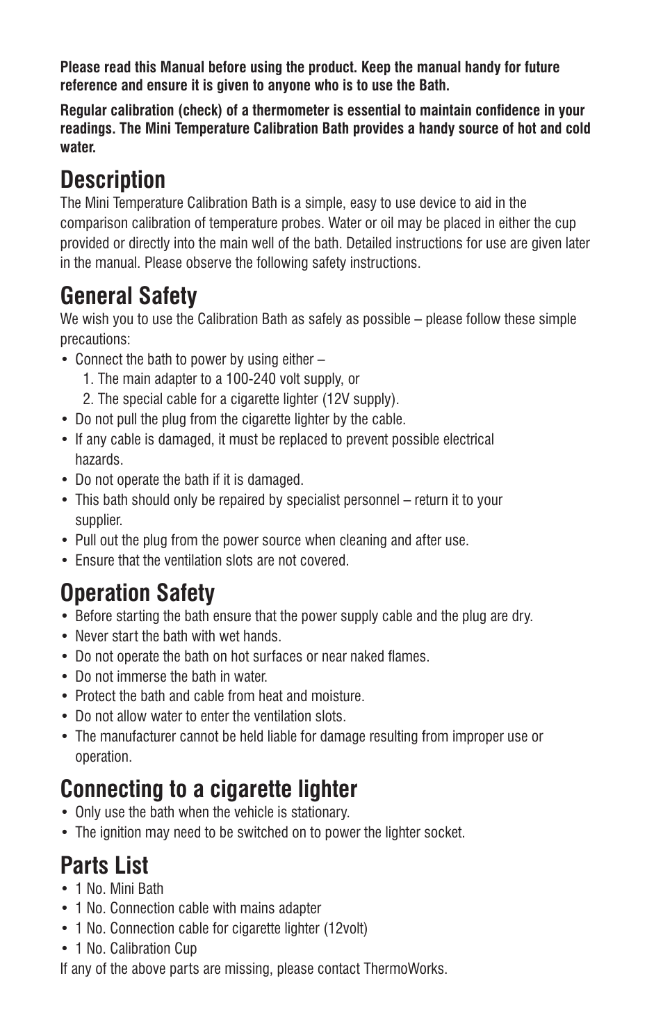 Description, General safety, Operation safety | Connecting to a cigarette lighter, Parts list | ThermoWorks 822-950 MINI CALIBRATION BATH User Manual | Page 2 / 4