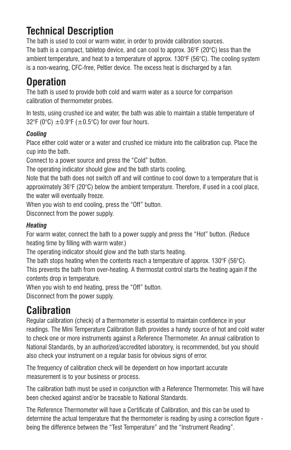 Technical description, Operation, Calibration | ThermoWorks 822-950 MINI CALIBRATION BATH User Manual | Page 3 / 4