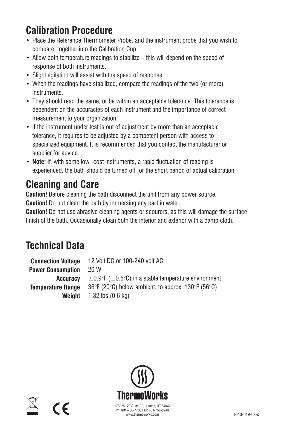 Calibration procedure, Cleaning and care, Technical data | ThermoWorks 822-950 MINI CALIBRATION BATH User Manual | Page 4 / 4