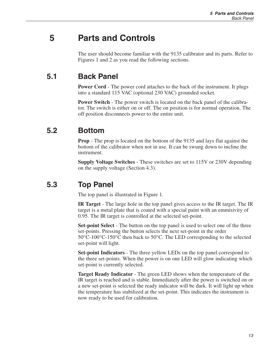 5 parts and controls 13, 1 back panel 13, 2 bottom 13 | 3 top panel 13, Parts and controls, Back panel, Bottom, Top panel, 5parts and controls, 1 back panel | ThermoWorks 9135-156 HART SCIENTIFIC 3-POINT IR CALIBRATOR User Manual | Page 15 / 25