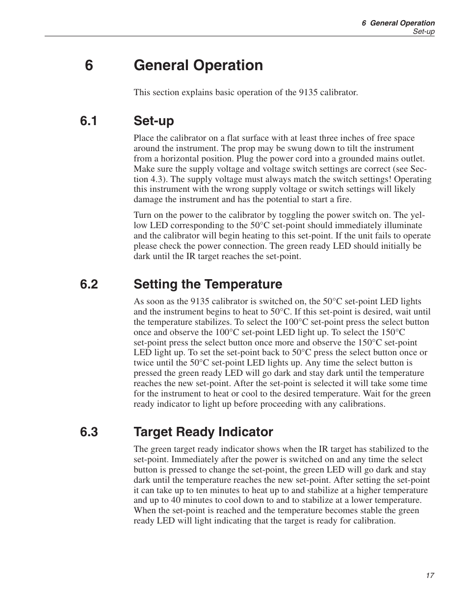 6 general operation 17, 1 set-up 17, 2 setting the temperature 17 | 3 target ready indicator 17, General operation, Set-up, Setting the temperature, Target ready indicator, 6general operation, 1 set-up | ThermoWorks 9135-156 HART SCIENTIFIC 3-POINT IR CALIBRATOR User Manual | Page 18 / 25