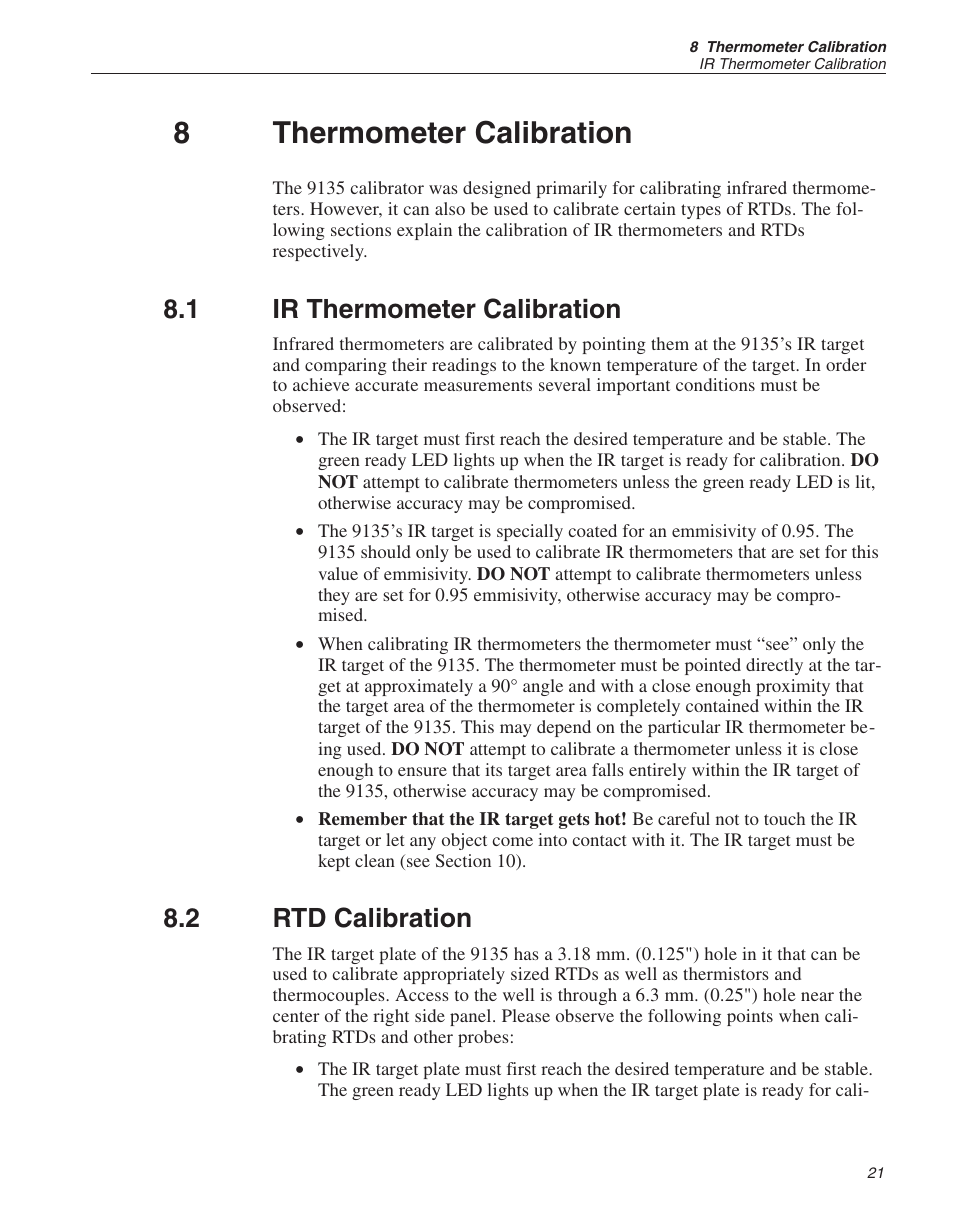 8 thermometer calibration 21, 1 ir thermometer calibration 21, 2 rtd calibration 21 | Thermometer calibration, Ir thermometer calibration, Rtd calibration, 8thermometer calibration, 1 ir thermometer calibration, 2 rtd calibration | ThermoWorks 9135-156 HART SCIENTIFIC 3-POINT IR CALIBRATOR User Manual | Page 20 / 25