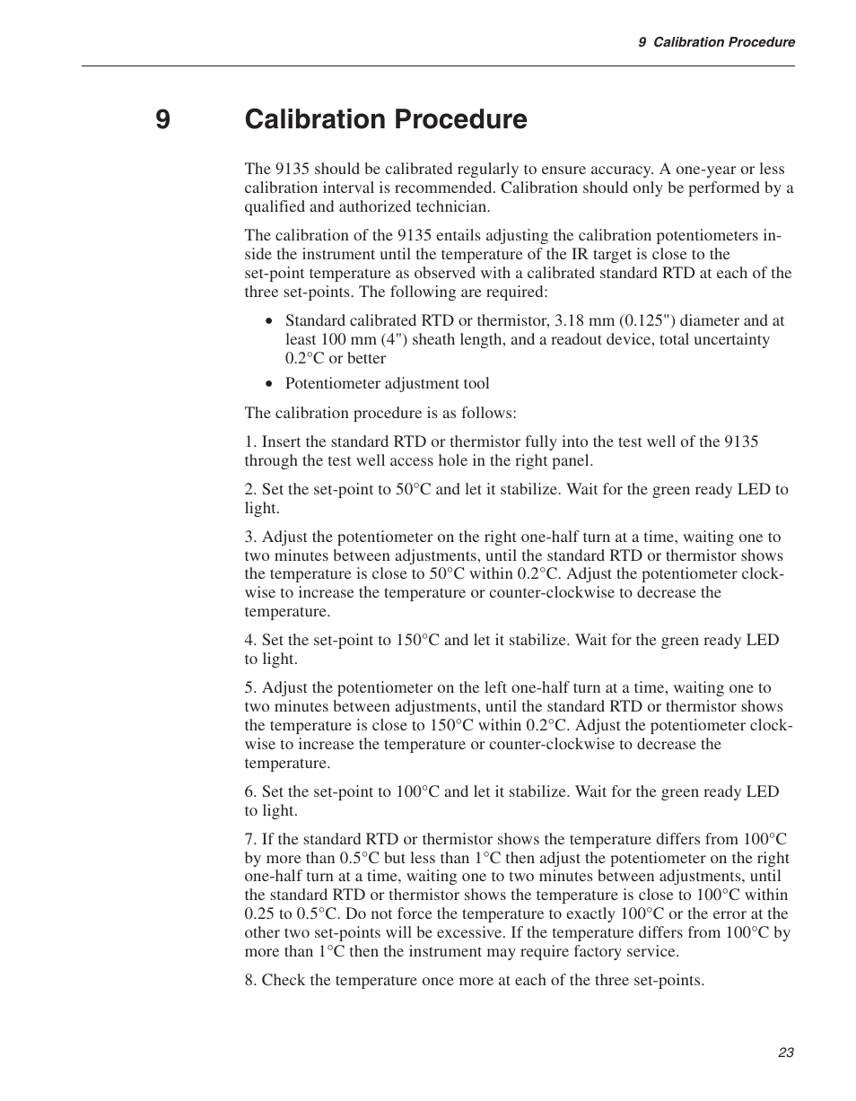 9 calibration procedure 23, Calibration procedure, 9calibration procedure | ThermoWorks 9135-156 HART SCIENTIFIC 3-POINT IR CALIBRATOR User Manual | Page 22 / 25