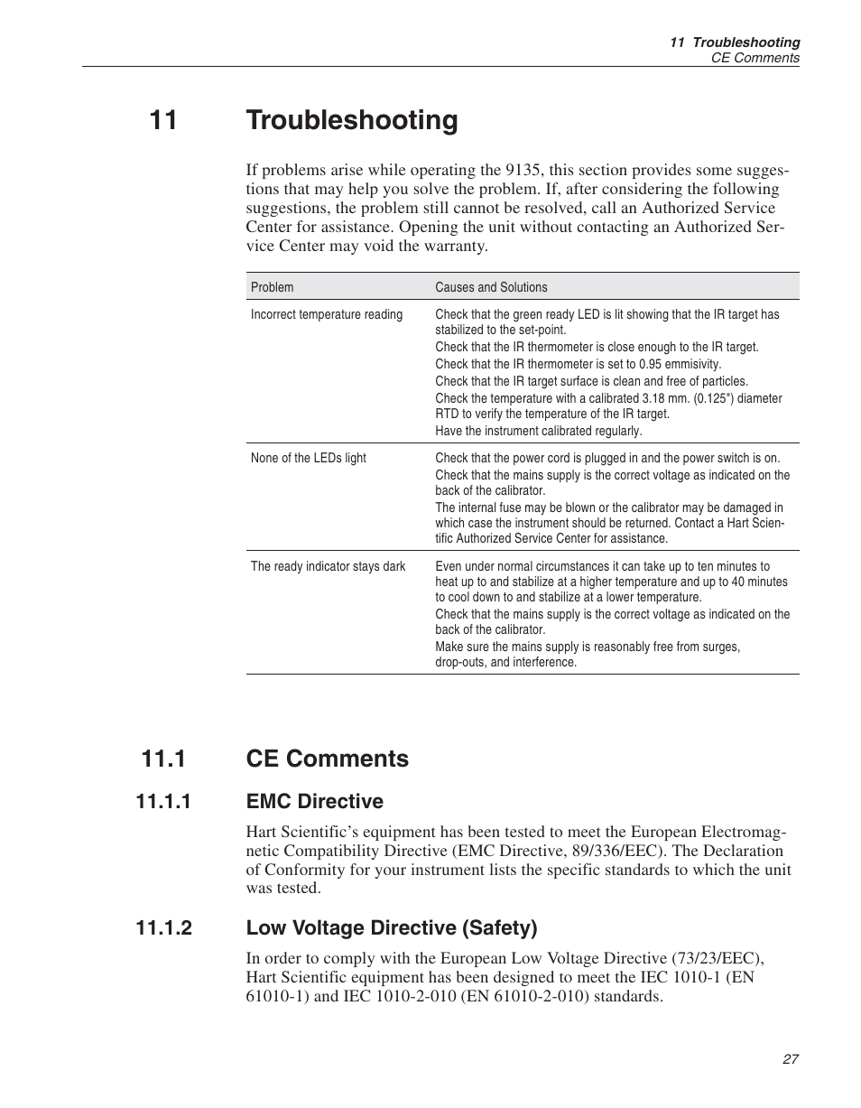 11 troubleshooting 27, 1 ce comments 27, 1 emc directive 27 | 2 low voltage directive (safety) 27, 11 troubleshooting, Ce comments, Emc directive, Low voltage directive (safety), 1 ce comments | ThermoWorks 9135-156 HART SCIENTIFIC 3-POINT IR CALIBRATOR User Manual | Page 25 / 25