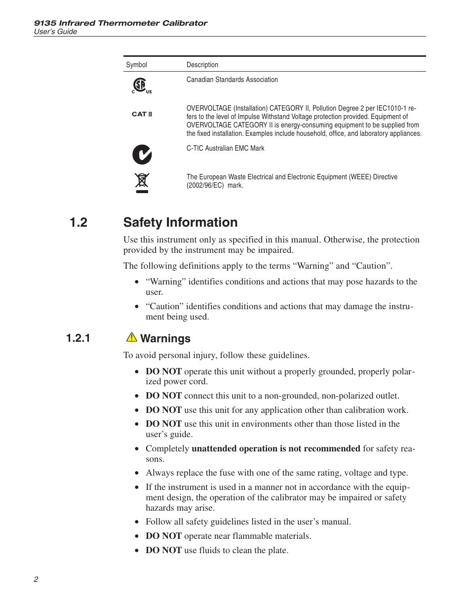 2 safety information 2, 1 warnings 2, Safety information | Warnings, 2 safety information, 1 warnings | ThermoWorks 9135-156 HART SCIENTIFIC 3-POINT IR CALIBRATOR User Manual | Page 6 / 25