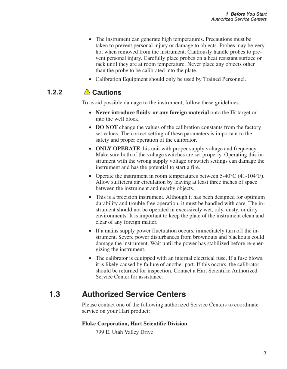2 cautions 3, 3 authorized service centers 3, Cautions | Authorized service centers, 3 authorized service centers, 2 cautions | ThermoWorks 9135-156 HART SCIENTIFIC 3-POINT IR CALIBRATOR User Manual | Page 7 / 25