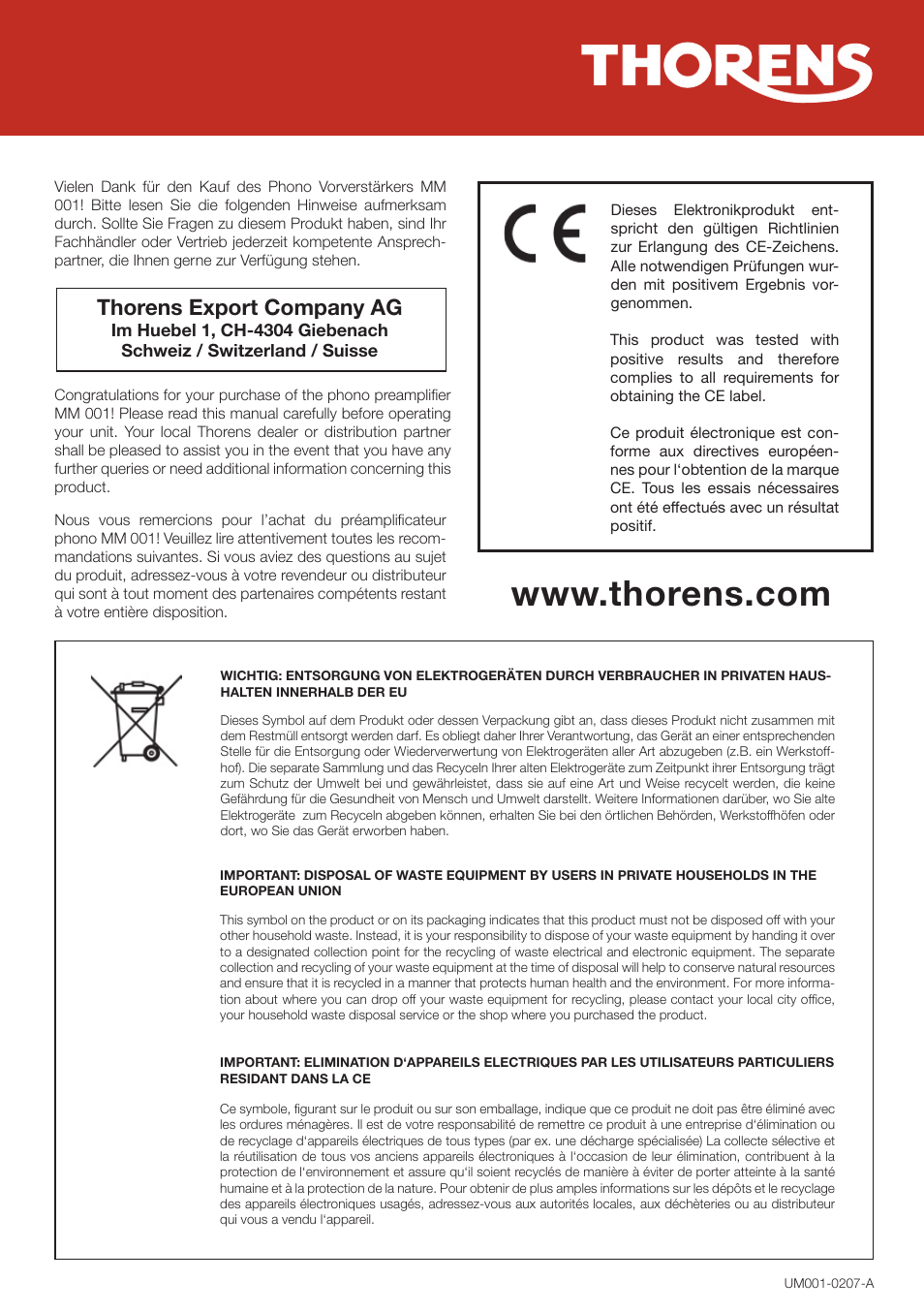 THORENS MM 001 User Manual | 2 pages