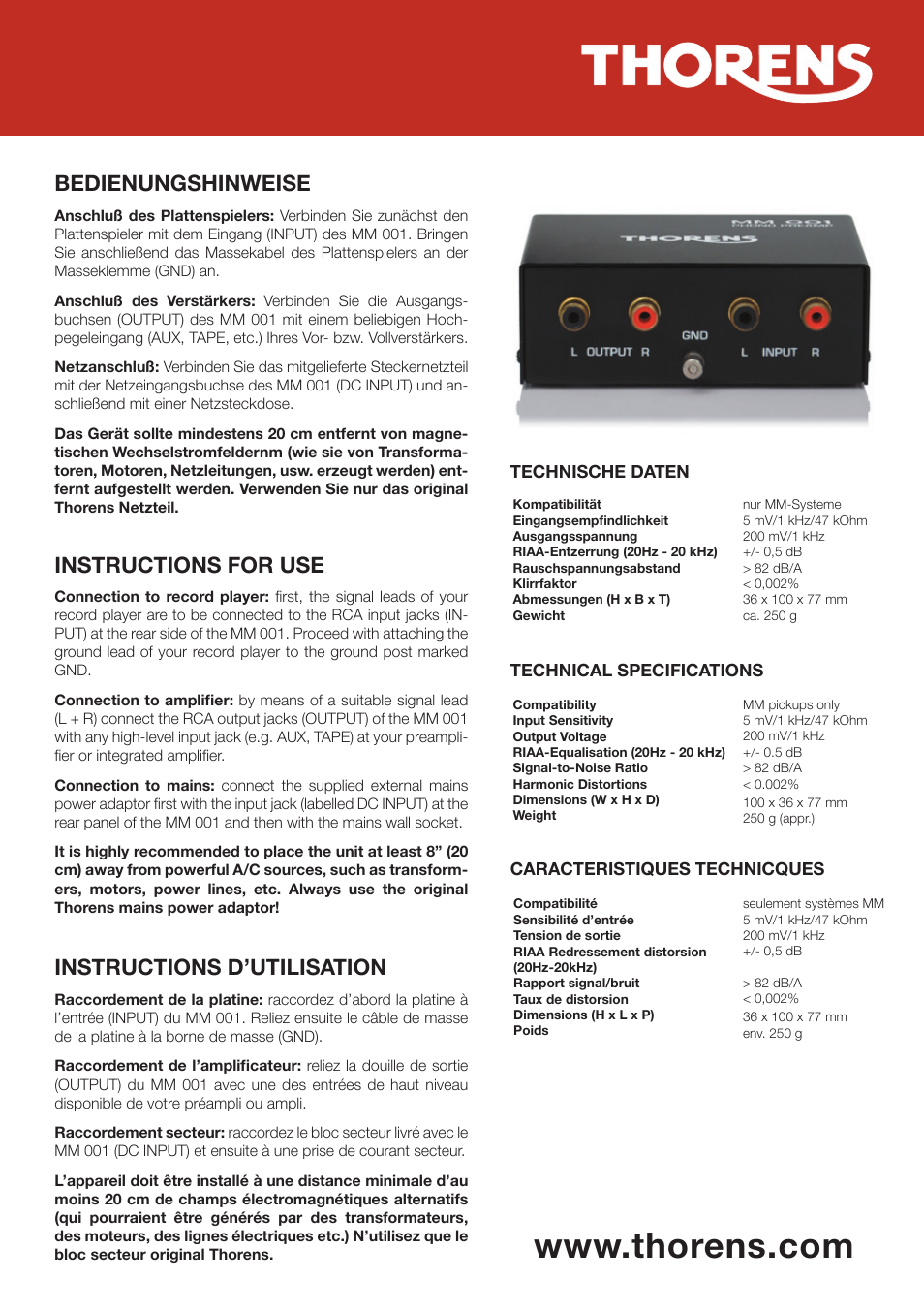 Bedienungshinweise, Instructions for use, Instructions d’utilisation | THORENS MM 001 User Manual | Page 2 / 2