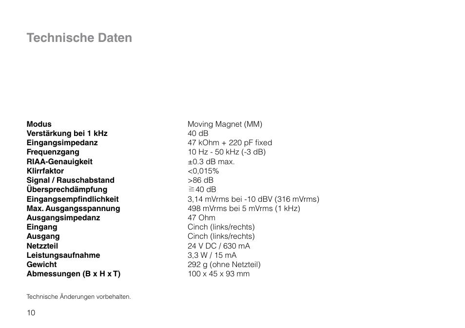 Technische daten | THORENS MM 002 User Manual | Page 10 / 18