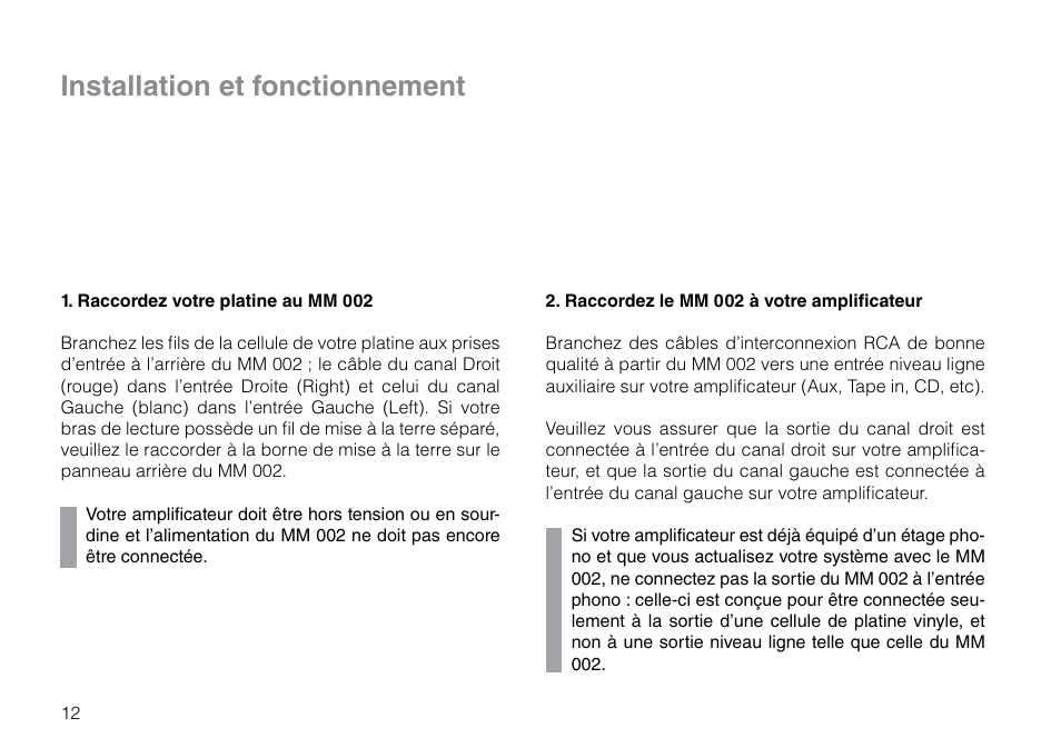 Installation et fonctionnement | THORENS MM 002 User Manual | Page 12 / 18