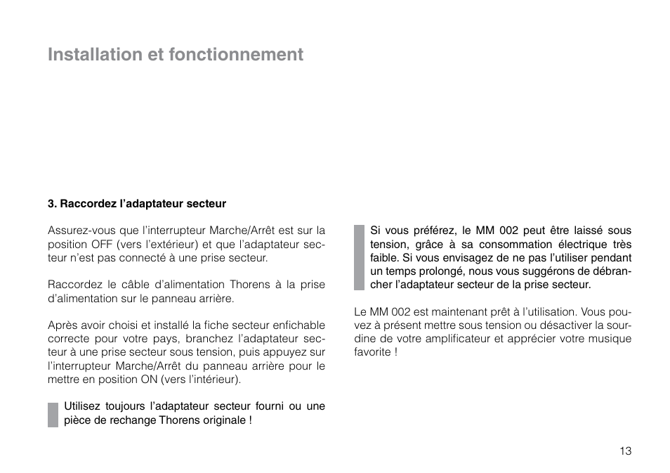 Installation et fonctionnement | THORENS MM 002 User Manual | Page 13 / 18