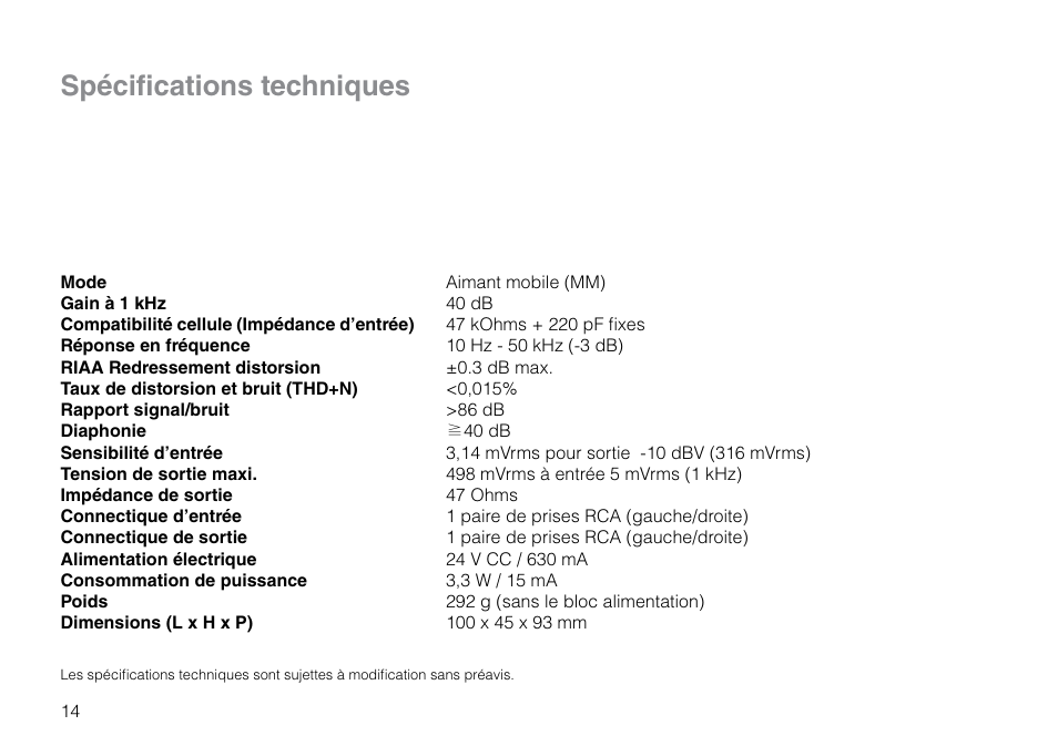 Spécifications techniques | THORENS MM 002 User Manual | Page 14 / 18