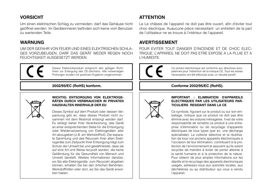 Attention, Avertissement, Vorsicht | Warnung | THORENS MM 002 User Manual | Page 16 / 18